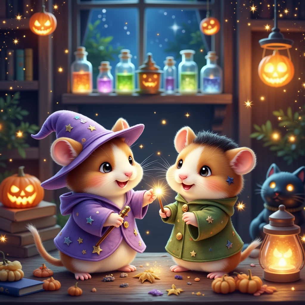 In a cozy, enchanted room bathed in the warm glow of magical lanterns, two adorable hamsters share a whimsical Halloween night filled with spells and laughter. The first hamster, a tiny wizard dressed in a shimmering purple robe covered in starlit embroidery, wears a tall, pointy hat that sits slightly askew, adding to his undeniable charm. His small, round paws clutch a miniature golden-tipped wand, and a gleeful smile lights up his round, fuzzy face, filled with excitement as he casts a gentle spell over his friend.

The second hamster, dressed in a cute Frankenstein-inspired outfit with little stitched patches and tiny bolts attached to his soft, fluffy cheeks, gazes up at the wizard hamster, his own cheeks puffed up in a delighted grin. The Frankenstein hamster's costume is adorably oversized, with small green sleeves and a patched vest, giving him a playful, comical look that makes him even more endearing.

Behind them, a shelf lined with colorful potion bottles glows softly in shades of emerald green, lavender, and golden amber, each bottle filled with shimmering liquids that reflect the magical energy filling the room. Floating books hover around the two hamsters, their pages turning in the air as though enchanted, while tiny golden stars and light trails swirl gently around, enhancing the whimsical ambiance.

In one corner, a plump jack-o'-lantern with a carved black cat face flickers with a soft, bluish glow, while a nearby black cat-shaped lantern seems to sway and watch over them. The entire room sparkles with tiny, glittering particles of magic, as if the air itself is alive with enchantment.

The wizard hamster, with his rosy cheeks and gleaming eyes, beams with pride as he waves his wand, sending sparkling trails of light toward his Frankenstein friend. The two hamsters radiate pure joy and friendship, wrapped in a world of magic and wonder, where every corner of the room glows with the thrill of Halloween and the charm of their adorable, spellbinding 