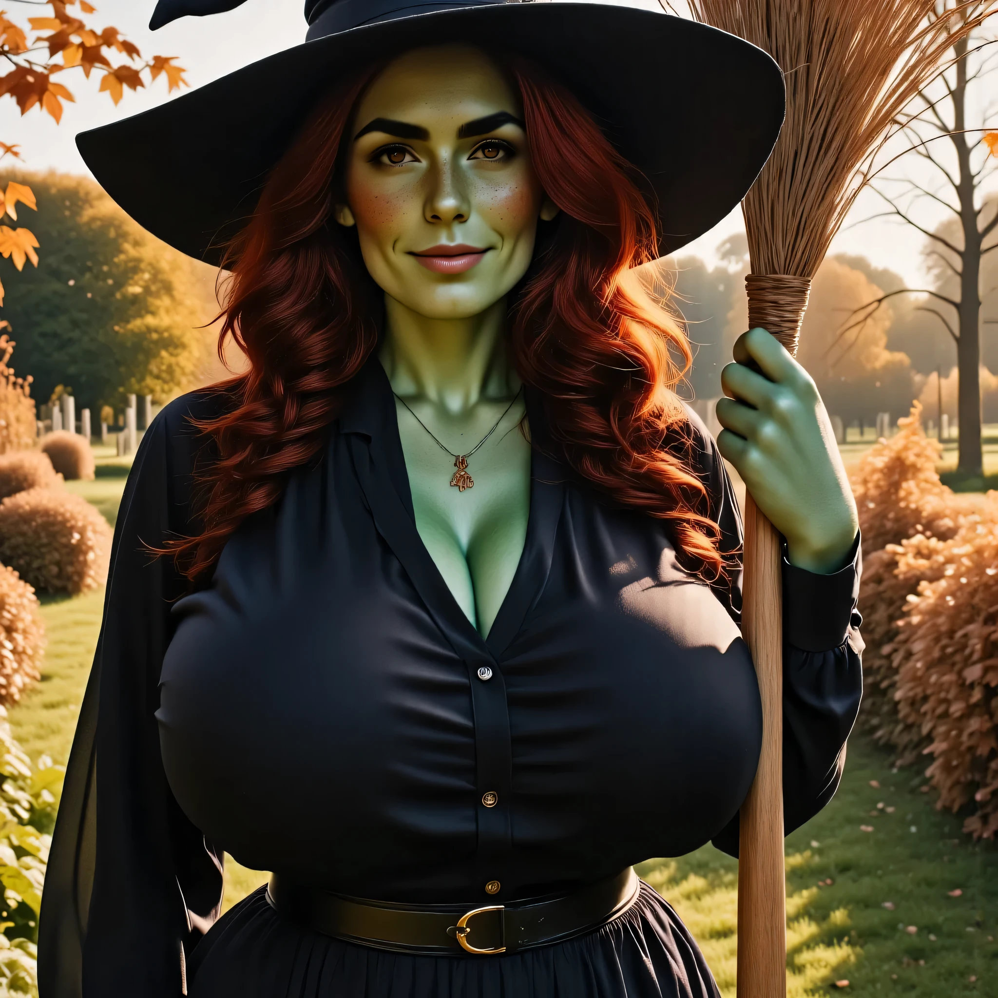 Photorealistic, cinematic style, a beautiful British woman getting ready for a Halloween party, She has a black pointy witch hat on her head. (She has a green face:1.5), holding a big broomstick. smile, downturned eye shape, light skin and freckles, reddish-brown hair, braided hairstyle. She's wearing a black blouse, black skirt. In the background a Beautiful Autumn landscape visible. Atmospheric, wholesome . perfect hand,HDR, intricate details ,