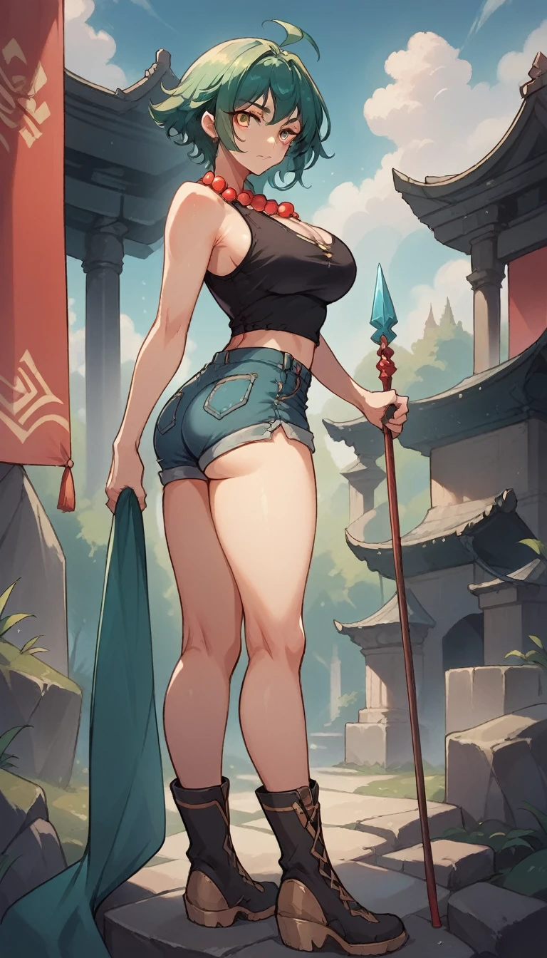 ultra-detailed, 1girl, (\xiao\), ((masterpiece)), (best quality), (highres), 16K, perfect face, short green hair, jewelry, beads, bead necklace, ahoge, bangs, tassel, black tanktop, bootyshorts, boots, busty body, large breasts and a beautiful ass, showcasing cleavage, legs, hips, looking at viewer, holding spear, detailed full body, temple background