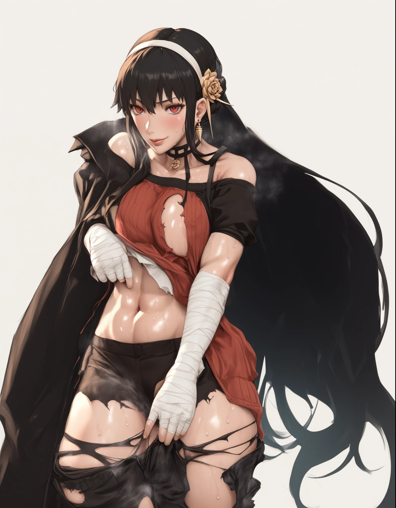 score_9, score_8_up, score_7_up, score_6_up, uncensored, Yor Briar, black hair, earrings, white hairband, hairband, long hair, sidelocks, red eyes, naughty face, shiny skin, sweating, steaming body, heavy breathing, BREAK (masterpiece:1.2), best quality, high resolution, unity 8k wallpaper, (illustration:0.8), (detailed eyes:1.3), extremely detailed face, perfect lighting, extremely detailed CG, (perfect hands, perfect anatomy), porn, 3d, 1girl, bandages, solo, bandaged_arm, choker, breasts, black_choker, collarbone, torn_clothes, navel, torn_shorts, looking_at_viewer, 