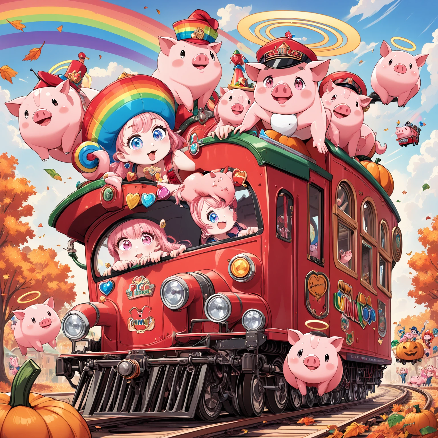 ((Best Quality)), ((masterpiece)), ( Details),  a rainbow-colored adventure train hanging in the autumn sky 。 It's a character illustration that emphasizes a fun atmosphere 。 On a pumpkin-shaped locomotive like a toy based on bright blue and red colors 、 pink pig on the red car in the back 。 The pig has an innocent and cute expression and 、There is a 、 Friendly halo with big eyes and tongue sticking out It depicts a snake wearing a win hat。Overall、 curved design, big eyes, etc. 、 emphasizes fun and kindness for ren 。 anime illustration style