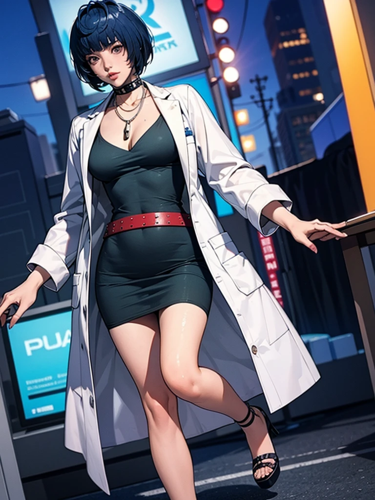 ((Master quality, 8K, masterpiece:1.3, ultra-detailed, high resolution, RAW Photos, detailed , blurry, Actual, ((hyper realistic)), photo, HDR)), BREAK, Anatomically accurate human body, perfect hands, perfect legs, perfect feet, detailed eyes, BREAK, , , Tae Takemi, ((  )) , , , , One girl alone, BREAK, beautiful face, beautiful detailed eyes, , ((( , ,  ))), , ( Round and Stacked Breasts, ), Cleavage:1.5, , , curvy waist, (((, ))), Sweat-soaked skin, BREAK, wearing( , necklace, choker, labcoat, black dress, belt, short dress, ), , Graffiti art, BREAK, ( Random Angle, full-body, ), dynamic angle, , background(Realistic , cinematic lighting, depth of field, outdoor, cyber city, night, , , A flirty atmosphere, , , light particles)