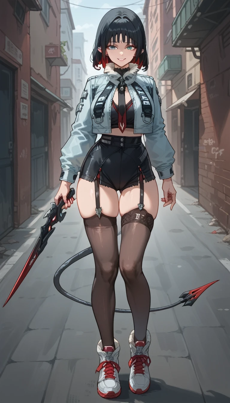 ultra-detailed, 1girl, KJOjane, ((masterpiece)), (best quality), (highres), 16K, perfect face, long hair, black hair, aqua eyes, blunt bangs, tail, mouse ears, animal ears, multicolored hair, red colored tips, jacket, black panties, thighhighs, sneakers, busty body, large breasts and a beautiful ass, showcasing cleavage, legs, hips, holding weapon, looking at viewer, smile, detailed full body, alley background