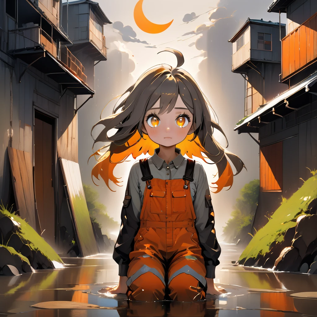  has exaggerated whimsical features  ２ a surreal and abstract painting featuring a girl 。One girl stands upright 、 I have a tall, slender body with a big round head and big, expressive eyes。 The  is sitting looking up at the big girl 。 both girls have unkempt hair 、Wearing overalls。 and the background is earth tones and orange 、brown、 with a mixture of gray 、 creating a textured, dreamy atmosphere It's showing 。 A bright orange sun or moon is visible in the upper right corner, and 、 warm light 。 The ground below reflects 、 suggests wet surfaces and puddles 。 The overall style is loose and picturesque 、 The visible brush strokes and drops add an abstract vibe 。