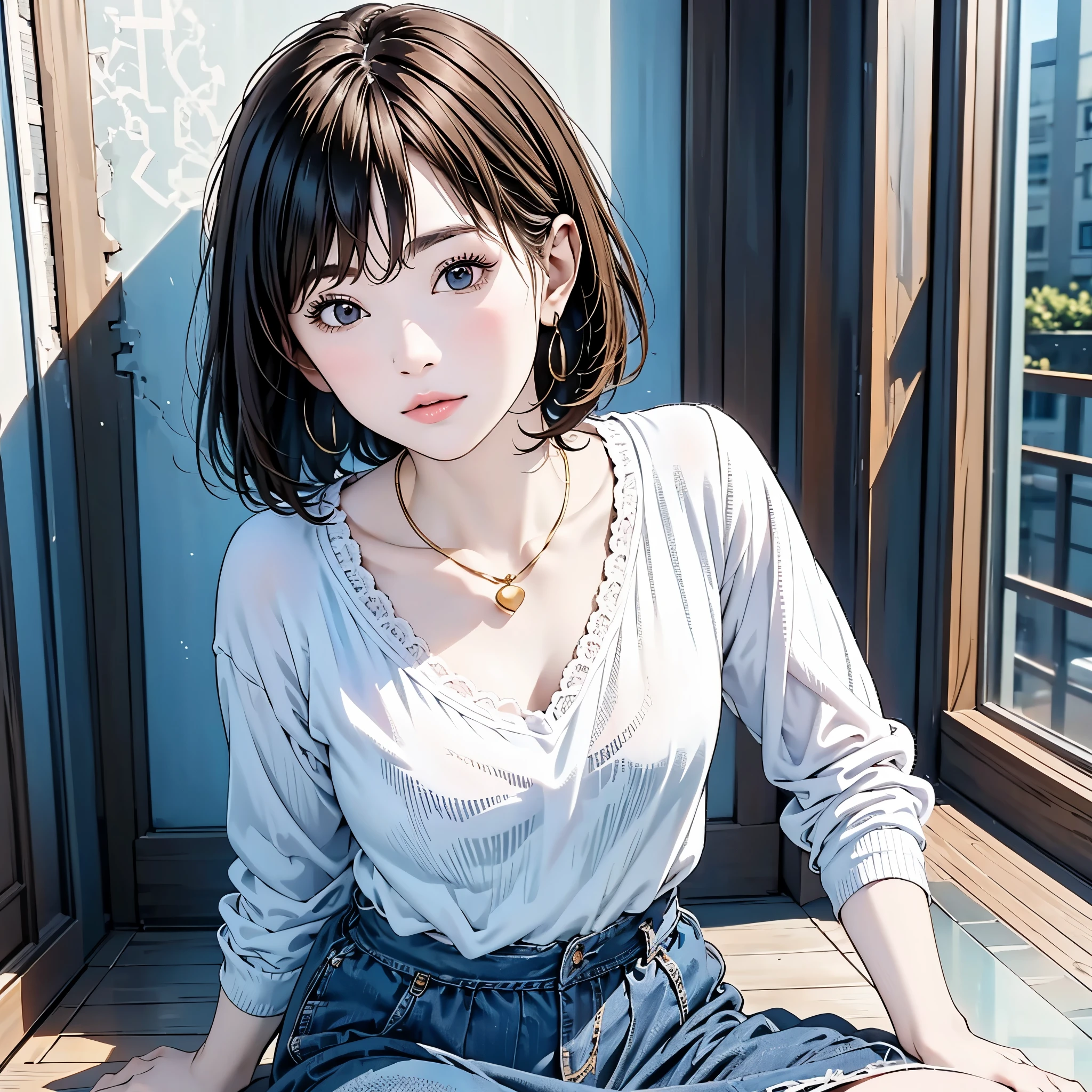 A modern , hyperrealistic portrait of a beautiful  woman viewed from above , sitting gracefully with one hand on her feet , wearing a minimalist lace shirt and a long, flowing blue skirt. She has asymmetrical black, medium-short hair with one side tucked behind her ear, accentuated by a sleek gold earring and a thin, delicate necklace. Her pale skin and attractive lips add to her sophisticated charm , captured in exquisite detail with cinematic, dramatic lighting and a moody blue-themed palette. The background features a concrete wall with vibrant, contemporary pop-style graffiti, slightly out of focus, creating a dynamic contrast to the clean, modern look . Shadows and a shallow depth of field enhance the refined, stylish atmosphere in this 8K, photorealistic masterpiece, hanako