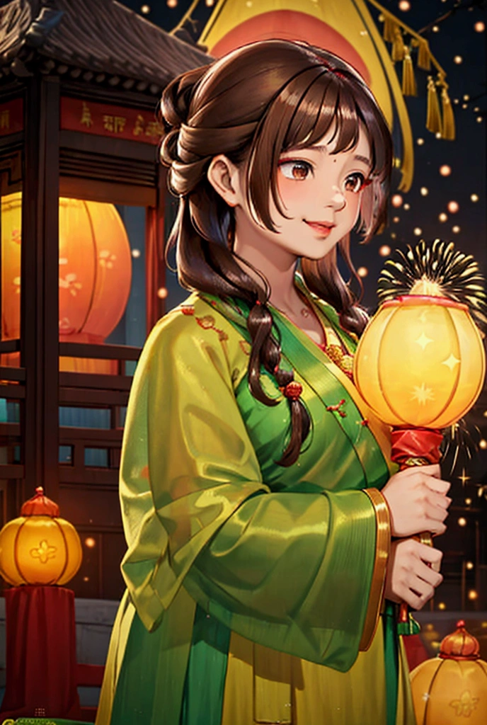 A Diwali night scene: Maomao, adorned in a vibrant saree, stands against a warm lit backdrop of colorful crackers and festivities. Her long, braided brown hair cascades down her back as she gazes out at the sparkling fireworks, her brown eyes aglow with excitement, Temple In Background,Green Hair