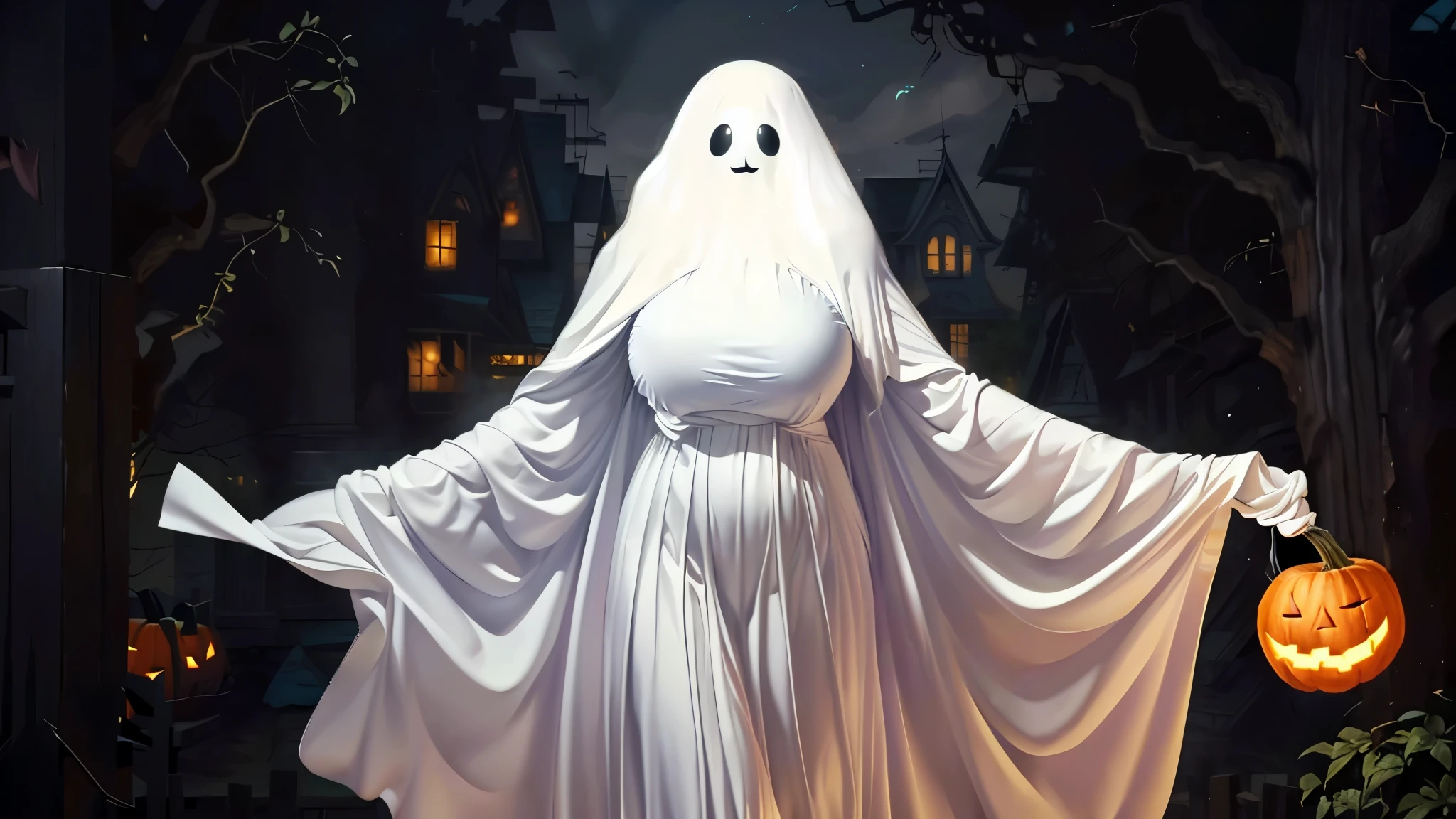 (（（figure，御姐figure,White and tender skin,（（ghost costume,ghost,The white female ghost ，White cape）））,,(（（No Head ））),((masterpiece)),highres,((Best quality at best)),masterpiece,quality,Best quality,(（（  to the audience,）））,Huge breasts,苗条figure,forest,night,（（（A female ghost ,Floating in the middle of the sky，pumpkin））),）））