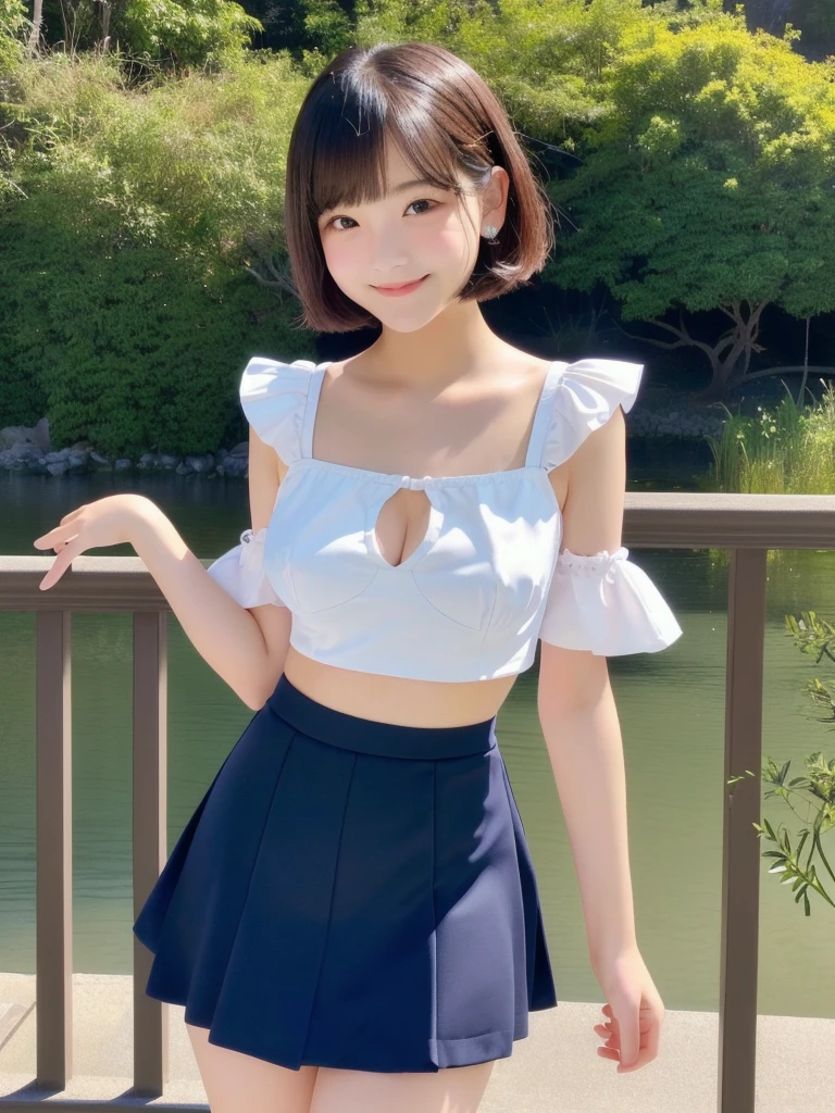 Top Quality, Ultra High Resolution, (Photoreal: 1.4), Cute, (Detailed Face), Light Smile, Looking at the Camera, Full Body, White Off-Shoulder, Black Mini Skirt, Beautiful Legs, Sitting on a Bench, Low Angle: 1.2, Bold Open Legs: 1.4, Flipped Skirt, White See-Through Panties Visible From the Crotch, Crotch Close-Up: 1.2, Sunny, River, (Cherry Blossom), Blue Sky,
