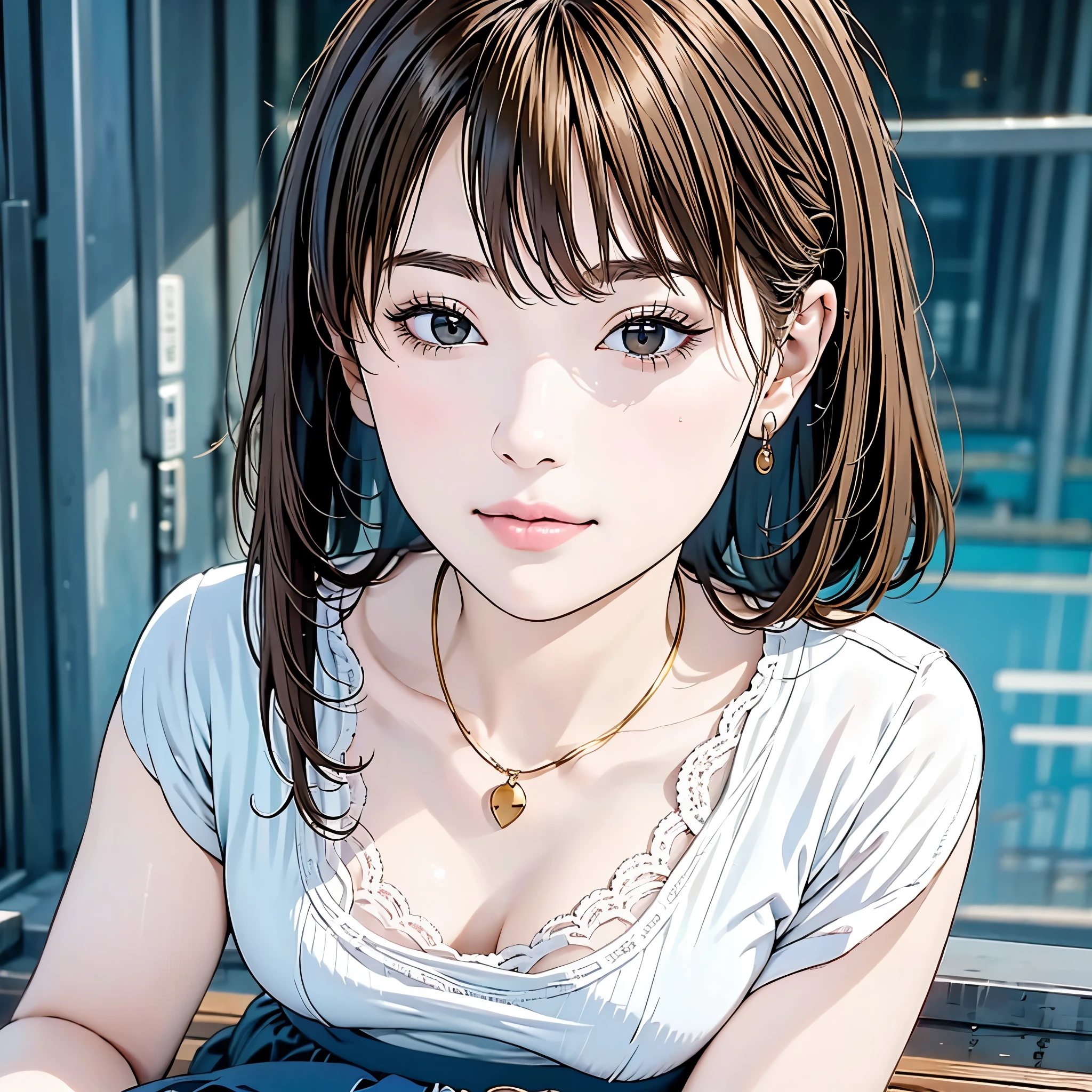 A beautiful woman with asymmetrical brown medium-long wavey hair, one side tucked behind her ear, sits gracefully from an elevated perspective . She wears a white lace shirt and a long blue skirt , with a playful smile on her detailed face . She has pale skin , attractive lips , a thin gold necklace, and a delicate earring . The image is hyperrealistic , capturing intricate details of her upper body with photorealistic , cinematic lighting in a dramatic , moody color palette . The background shows a concrete wall adorned with vibrant , pop-style graffiti , slightly out of focus due to the shallow depth of field. Shadows enhance the details in this 8K masterpiece with a distinct blue theme, hanako