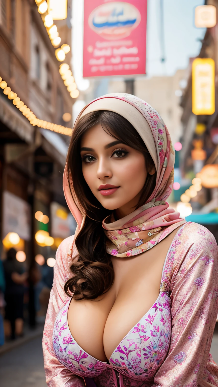 perfect eyes, fantastic face, Indian, beautiful look, ((light lips, bright eyes, curve heir 1.5)), (((beautiful details very huge breast ))), (Straight round and ultra huge clevage, not sagging breast), A glorious gorgeous, glorious gorgeous face, pretty face, bright eyes, (detailed Colourful elegant printed Hijab with Designs and Patterns), updo elegant hair, blurred gray tones background, ultra focus, face ilumined, face detailed, 8k resolution, painted, dry brush, brush strokes, razumov style and garmash style, by Tokaito, (fluorescent colours:1.4),(semi transparent:1.4),(retro filters:1.4),(fanciful:1.4), Soft Fluffy Soft Landscape Light Soft Whimsical Light Mechanical Bazaar Background Ultra Realistic Ultra High Quality Cinematic Lighting Huge Details Full HD Painting Plenty of light,diagonal bangs,Bright Colorful Hijab headwear ,side masterpiece, best qualityer,realskin,(sportrait:1.5), 1girll, bluntbangs, (long wavy hair), ((Mechanical Bazaar)), ((Big Sexy Body Shape)), (((Portrait Photo))), (half open breast wear), (((Sexy Pose)))