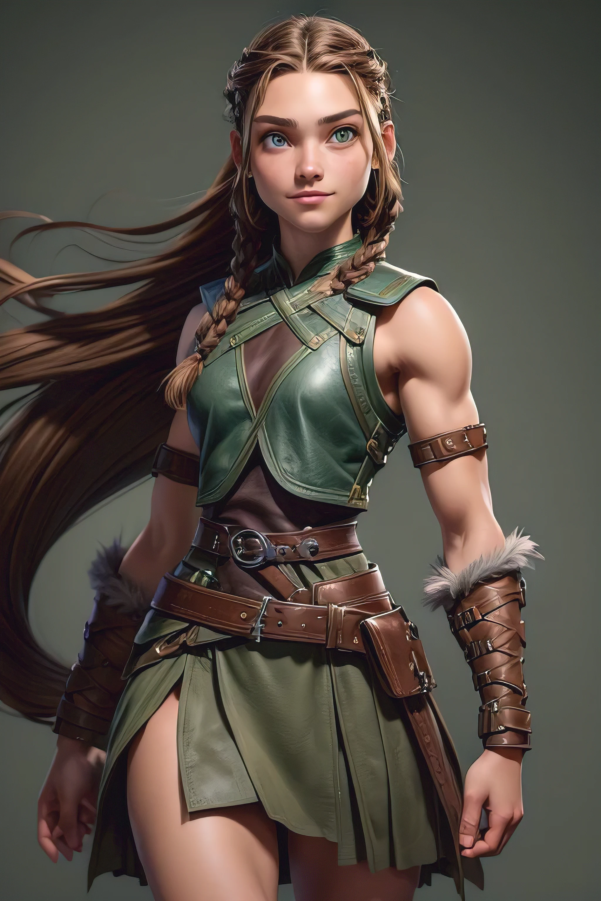( masterpiece , The best quality ) (young warrior woman of nordic descent), (age fourteen) (green eyes), (muscle shirt), (fur skirt), (Brown hair color),(loose hair with small braids on the scalp), (leather strap top) feathers, bufas, (blue, gray and brown suit). Smile. Run.