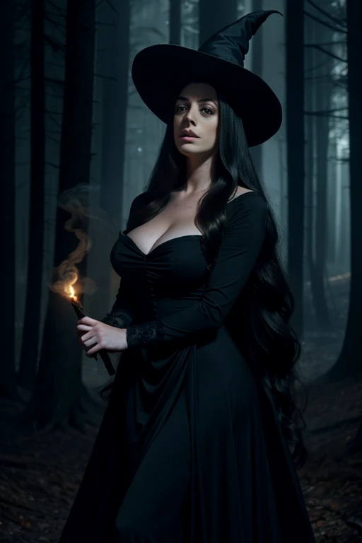 eye-level view, medium shot, nighttime, dark scary forest, young Anne Hathaway, (full long conservative black dress), pointed witch hat, casting a spell, swirling smoke, holding a magic wand, (((extremely long hair)))