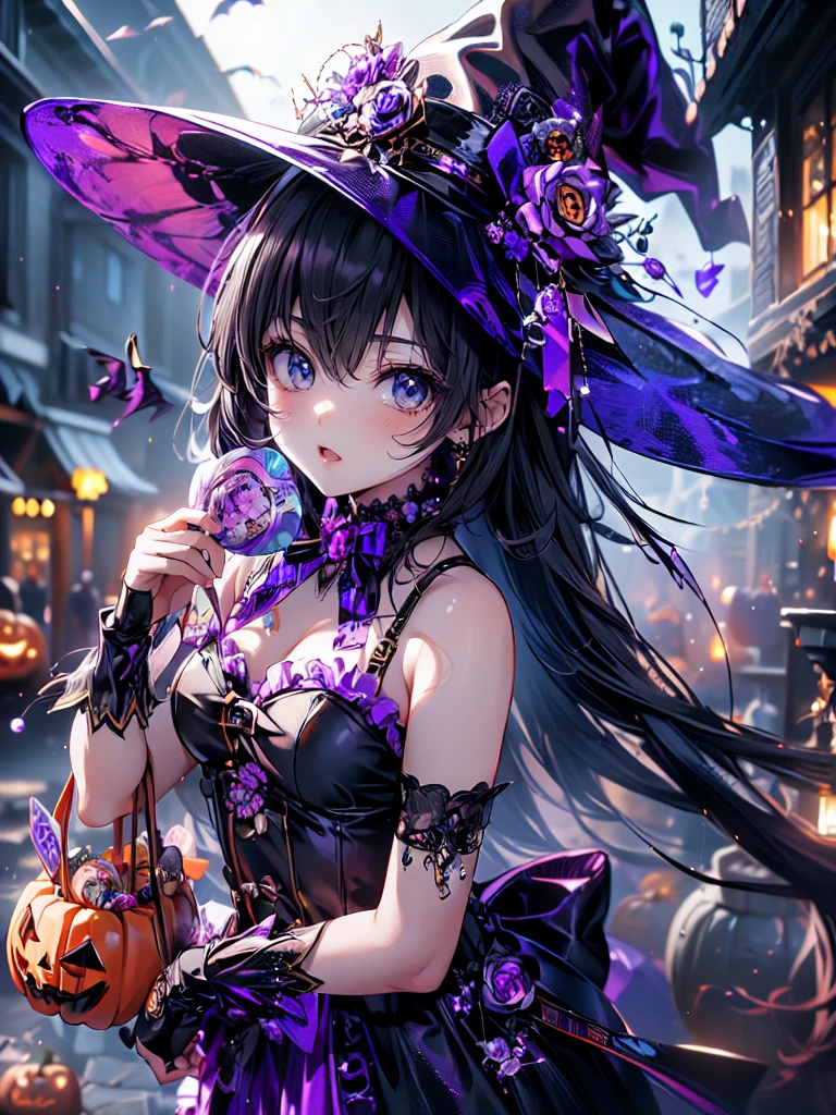 ((   Ultra HD  )), ((super detailed)), ((Best Quality)),  Young woman ,  Halloween , witch, witchの帽子, lanthanum,    trick or treat , 🎃, ((sweets, candy, cookie)), (((Complete Hand))),  Amazing Digital Paintings , ( anime Moe art style :1.3), long black hair,Blue Eyes