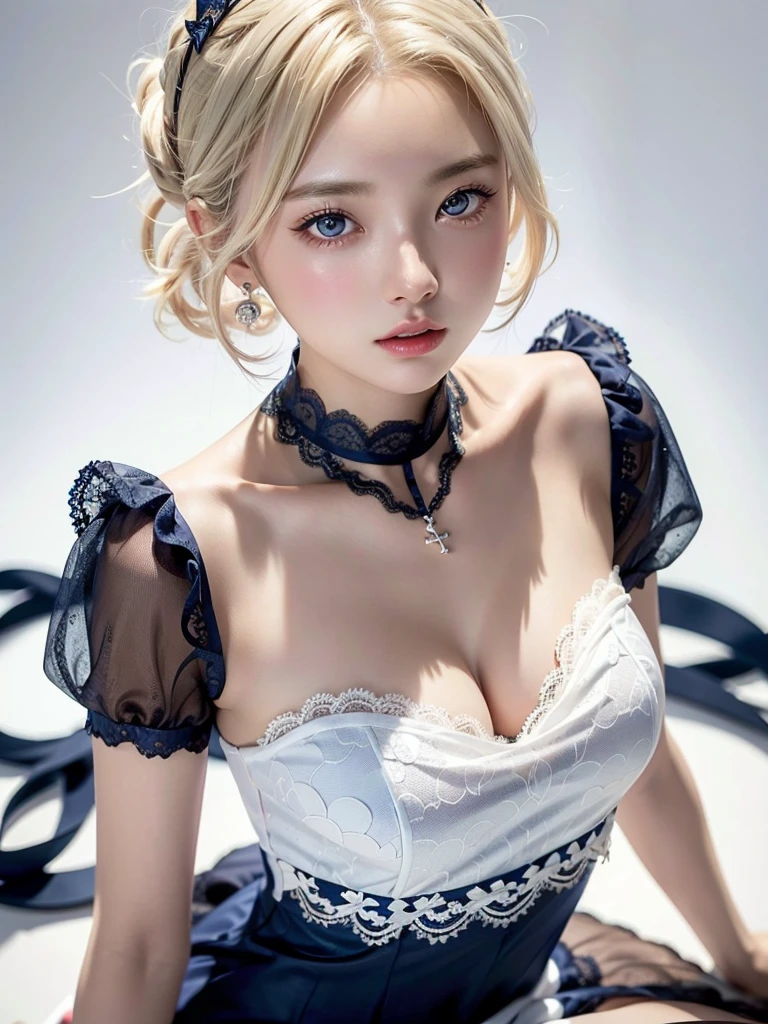 8k,Confused,  Kampala,  very detailed,  1 girl, Alone,   very beautiful eyes  , Extremely precise description, Artistic、 very detailed depiction, ([    "Intertwined:1.2), , (White high key background:1.5), (((navy blue lace dress 1.5))), 、  short hair、 earrings and necklace、platinum blonde hair, (  Glowing Skin ), Multicolor, , (Shot from above:1.2),、Flat Body、slim、cute、、Round face、Cast a Shadow、、.3、 sexy、beautiful girl