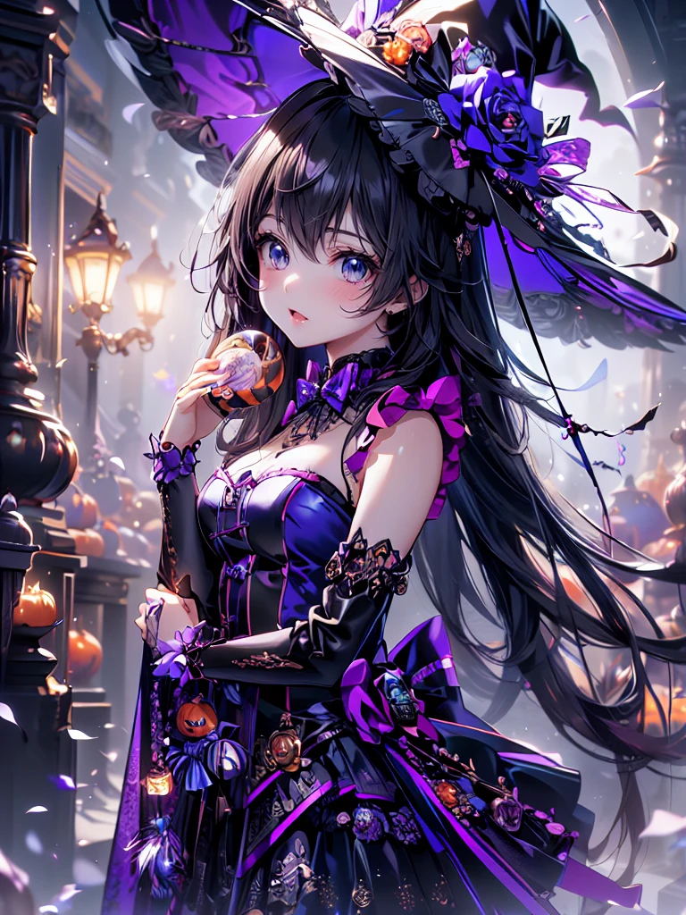 ((   Ultra HD  )), ((super detailed)), ((Best Quality)),  Young woman ,  Halloween , witch, witchの帽子, lanthanum,    trick or treat , 🎃, ((sweets, candy, cookie)), (((Complete Hand))),  Amazing Digital Paintings , ( anime Moe art style :1.3), long black hair,Blue Eyes