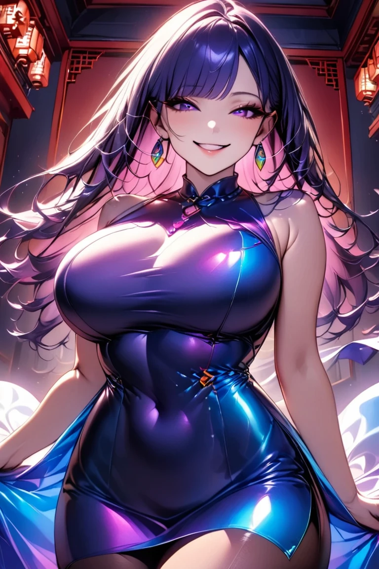  Young Beautiful Woman ,Best Quality, Extremely Detailed Description , Incredibly Absurd Hi-Res,Glossのある肌,Curvaceous Body, Colorful Gradated China Dress,Gloss, slit ,pantyhose,Classy Rainbow Earrings ,necklace,eyelash, eyeshadow,Glowing purple eyes,Shadowed face, bewitching smile, big chest,Beautiful legs,Slim body,Seductive gestures,Standing posture,Full body image,background:Chinese-style mansion, Dramatic Lighting , volume lighting ,