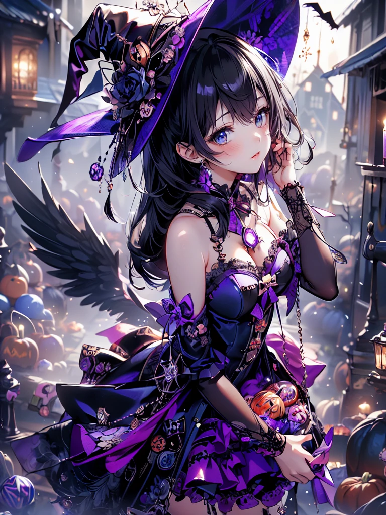 ((   Ultra HD  )), ((super detailed)), ((Best Quality)),  Young woman ,  Halloween , witch, witchの帽子, lanthanum,    trick or treat , 🎃, ((sweets, candy, cookie)), (((Complete Hand))),  Amazing Digital Paintings , ( anime Moe art style :1.3), long black hair,Blue Eyes