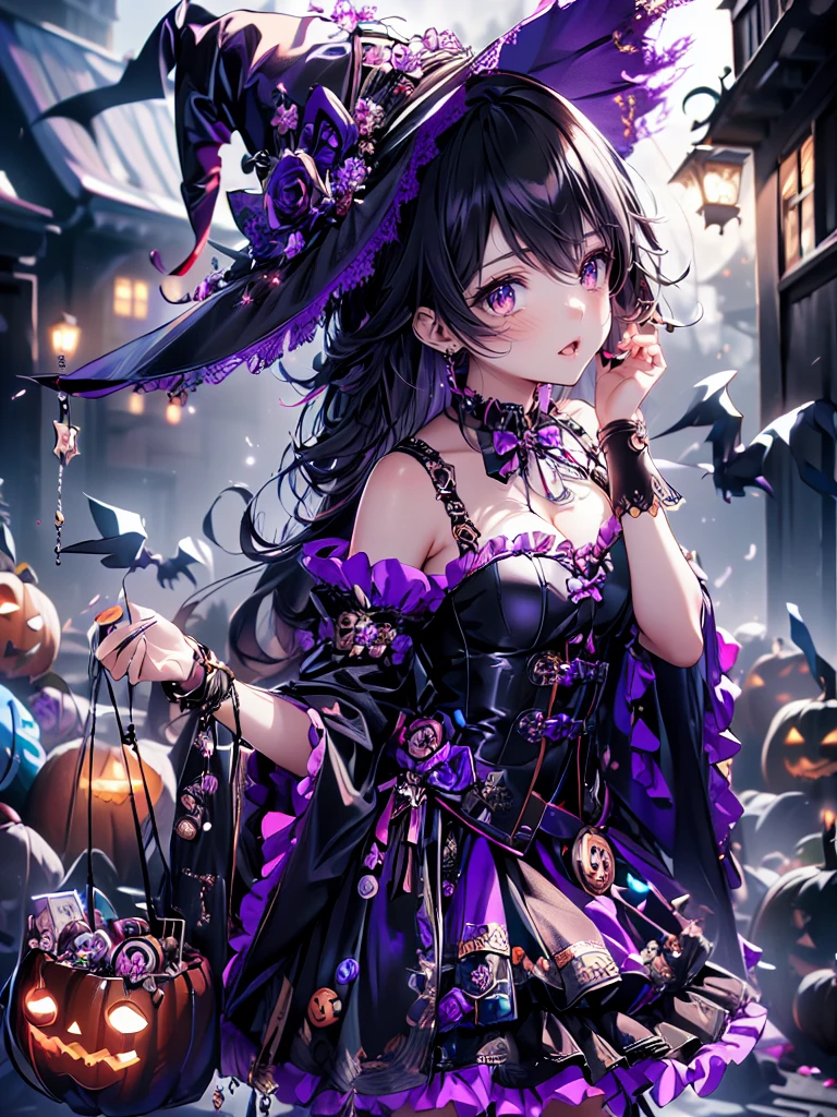 ((   Ultra HD  )), ((super detailed)), ((Best Quality)),  Young woman ,  Halloween , witch, witchの帽子, lanthanum,    trick or treat , 🎃, ((sweets, candy, cookie)), (((Complete Hand))),  Amazing Digital Paintings , ( anime Moe art style :1.3), long black hair,Blue Eyes, Red Eyes