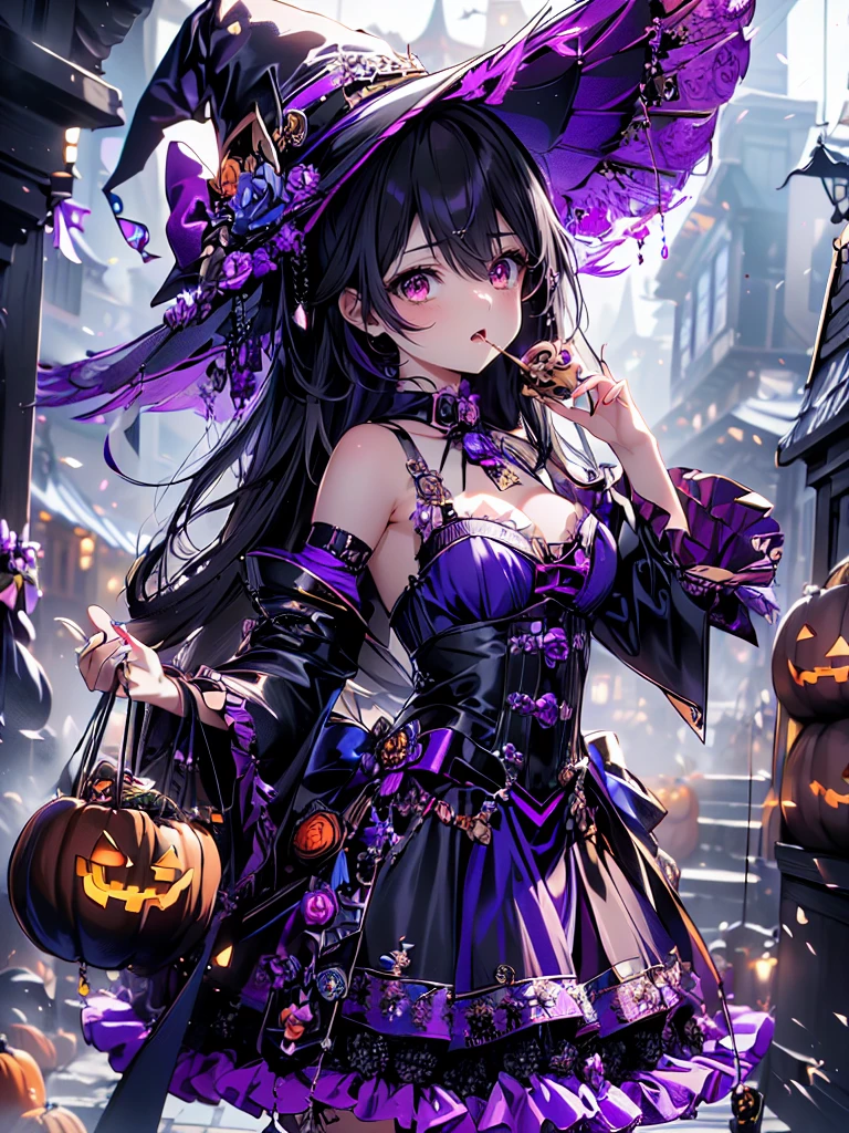 ((   Ultra HD  )), ((super detailed)), ((Best Quality)),  Young woman ,  Halloween , witch, witchの帽子, lanthanum,    trick or treat , 🎃, ((sweets, candy, cookie)), (((Complete Hand))),  Amazing Digital Paintings , ( anime Moe art style :1.3), long black hair,Odd Eye(Right eye blue,Left eye red)