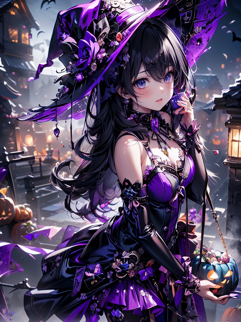 ((   Ultra HD  )), ((super detailed)), ((Best Quality)),  Young woman ,  Halloween , witch, witchの帽子, lanthanum,    trick or treat , 🎃, ((sweets, candy, cookie)), (((Complete Hand))),  Amazing Digital Paintings , ( anime Moe art style :1.3), long black hair,Blue Eyes