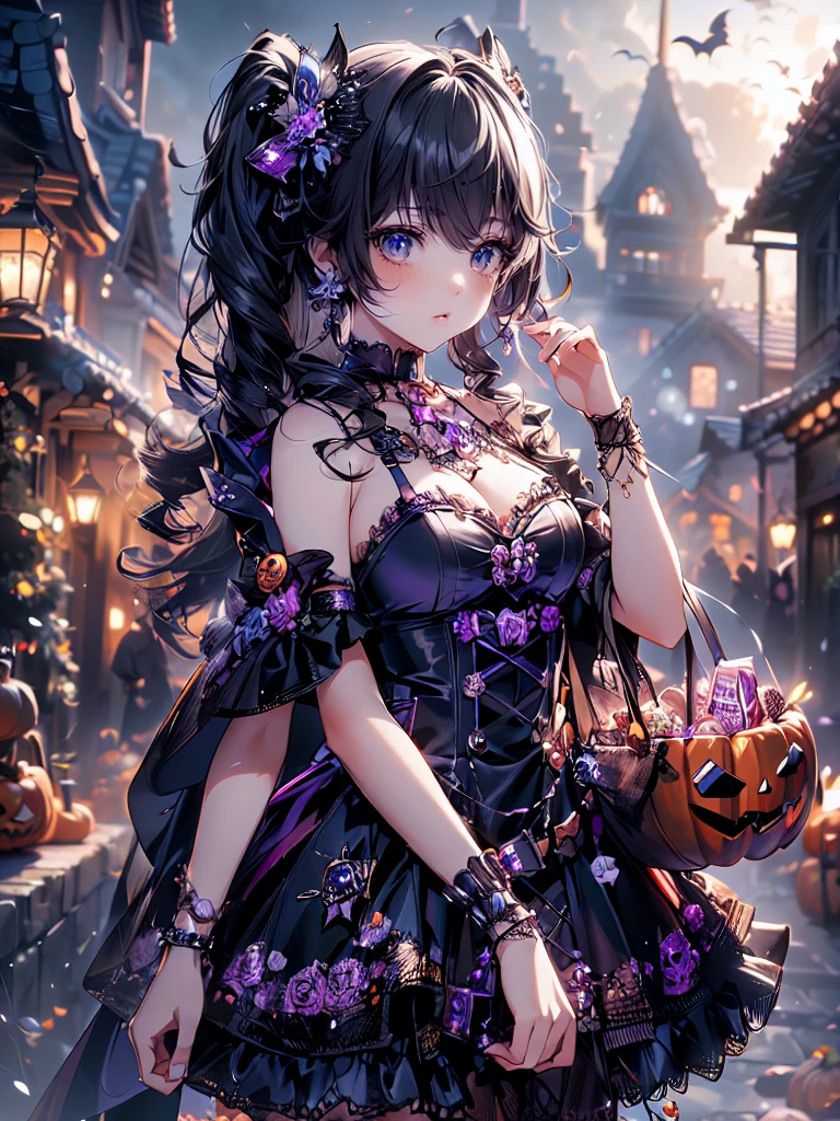 ((   Ultra HD  )), ((super detailed)), ((Best Quality)),  Young woman ,  Halloween , lanthanum,    trick or treat , 🎃, ((sweets, candy, cookie)), (((Complete Hand))),  Amazing Digital Paintings , ( anime Moe art style :1.3), long black hair,Blue Eyes