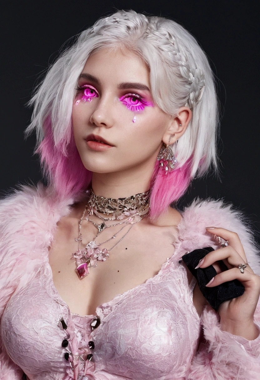 Create a full body image of a woman with white hair, pink wicks ,  short pink contact lens , brincos e piercings,  and egirl outfit 