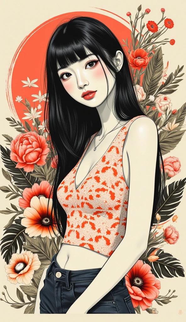 Create digital artwork in pop art, Featuring a bright and confident young asian girl，Street fashion, Movie Color Scheme, Surrounded by vintage floral motifs, Bright brush strokes,Emotions should be dynamic, upper-body, Drawing, illustartion, Grayscale, tropical, lots of flowers,