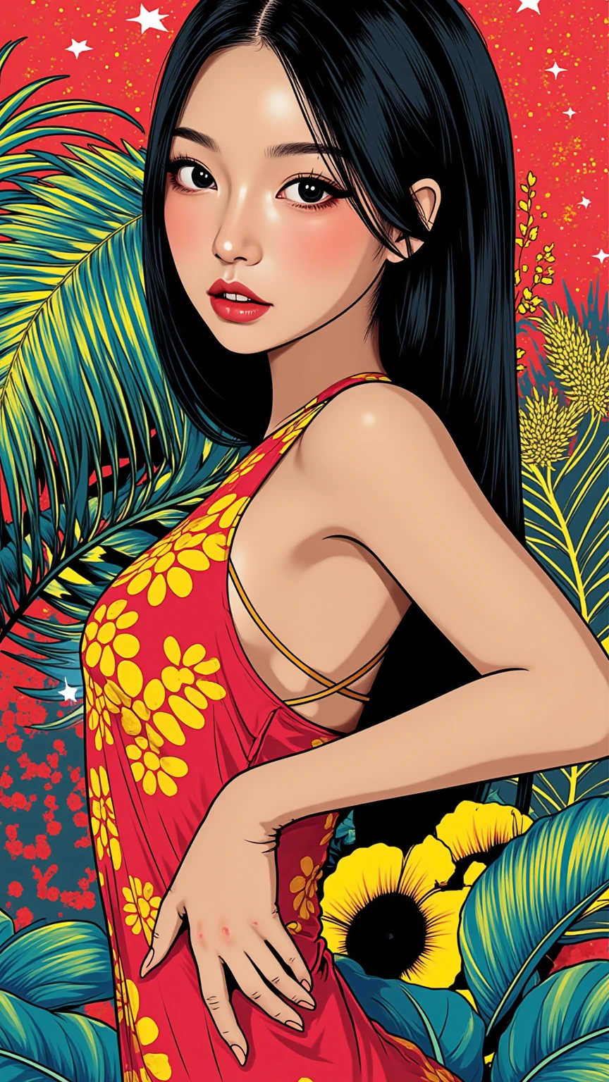 Create digital artwork in pop art, Featuring a bright and confident young asian girl，Street fashion, Movie Color Scheme, Surrounded by vintage floral motifs, Bright brush strokes,Emotions should be dynamic, upper-body, Drawing, illustartion, Grayscale, tropical, lots of flowers,