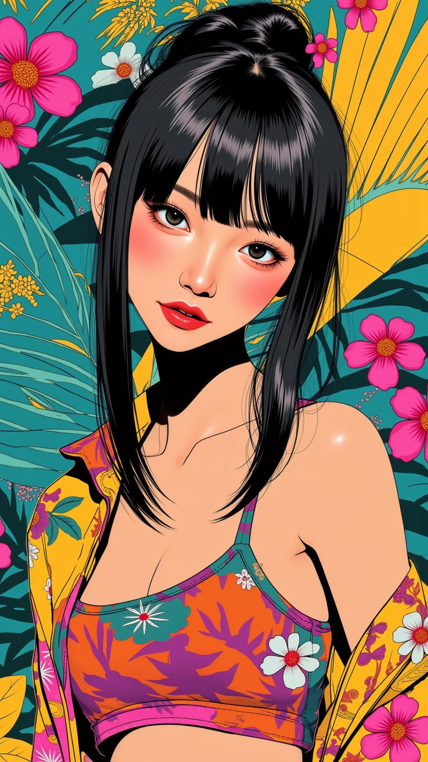 Create digital artwork in pop art, Featuring a bright and confident young asian girl，Street fashion, Movie Color Scheme, Surrounded by vintage floral motifs, Bright brush strokes,Emotions should be dynamic, upper-body, Drawing, illustartion, Grayscale, tropical, lots of flowers,