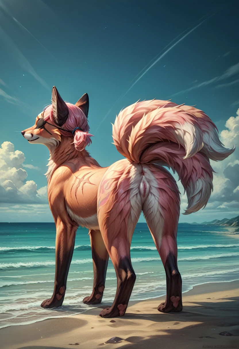 furry, female, feral, ((feral)), ((full body)), adult, fox,standing, seductive pose, feline pussy, black eye patch,  white body fur, pink hair,detailed body fur, detailed body, detailed face, detailed eyes, glistering body, shiny body, multiple tails, multi tail, solo, body fur, (best quality), clear sky, cinematic lighting, anime style, short ponytail, scar on the eye, 2D, back view, beach, clear sky,