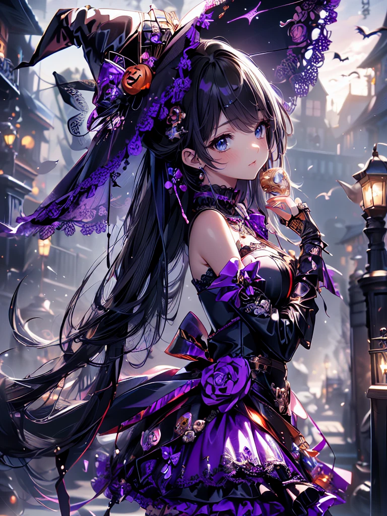 ((   Ultra HD  )), ((super detailed)), ((Best Quality)),  Young woman ,  Halloween , witch, witchの帽子, lanthanum,    trick or treat , 🎃, ((sweets, candy, cookie)), (((Complete Hand))),  Amazing Digital Paintings , ( anime Moe art style :1.3), Black Hair Long Straight ,Clear blue eyes