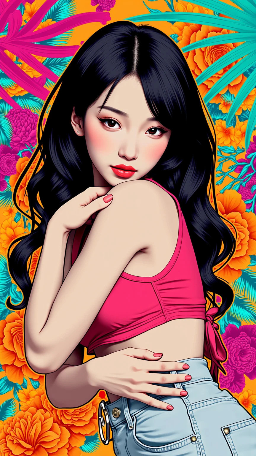 Create digital artwork in pop art, Featuring a bright and confident young asian girl，Street fashion, Movie Color Scheme, Surrounded by vintage floral motifs, Bright brush strokes,Emotions should be dynamic, upper-body, Drawing, illustartion, Grayscale, tropical, lots of flowers,