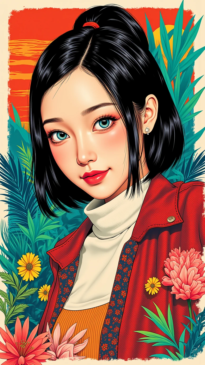 Create digital artwork in pop art, Featuring a bright and confident young asian girl，Street fashion, Movie Color Scheme, Surrounded by vintage floral motifs, Bright brush strokes,Emotions should be dynamic, upper-body, Drawing, illustartion, Grayscale, tropical, lots of flowers,