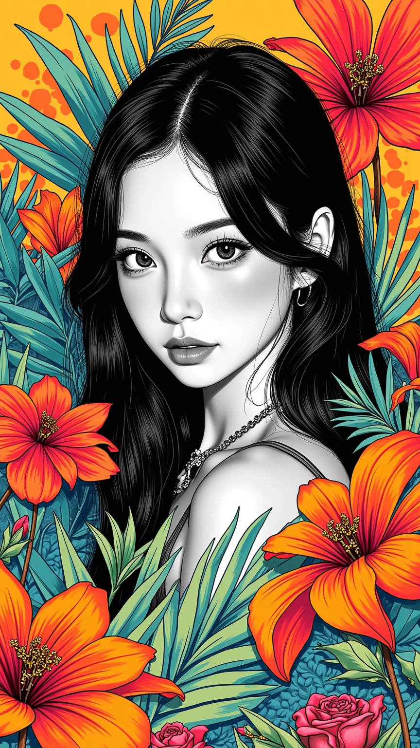 Create digital artwork in pop art, Featuring a bright and confident young asian girl，Street fashion, Movie Color Scheme, Surrounded by vintage floral motifs, Bright brush strokes,Emotions should be dynamic, upper-body, Drawing, illustartion, Grayscale, tropical, lots of flowers,