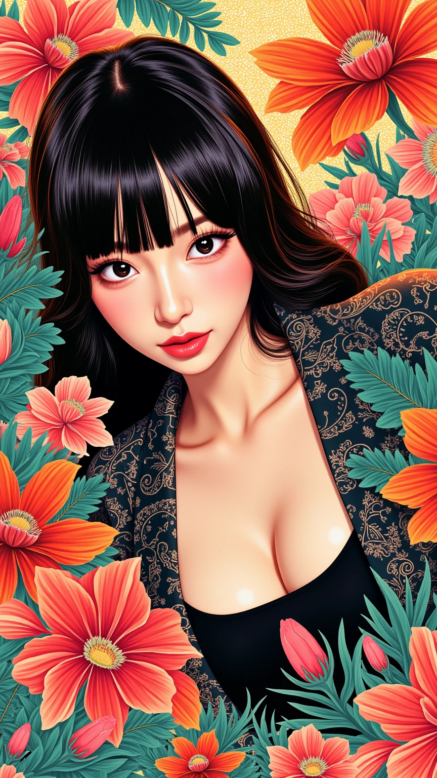 Create digital artwork in pop art, Featuring a bright and confident young asian girl，Street fashion, Movie Color Scheme, Surrounded by vintage floral motifs, Bright brush strokes,Emotions should be dynamic, upper-body, Drawing, illustartion, Grayscale, tropical, lots of flowers, big breasts, cleavage, 