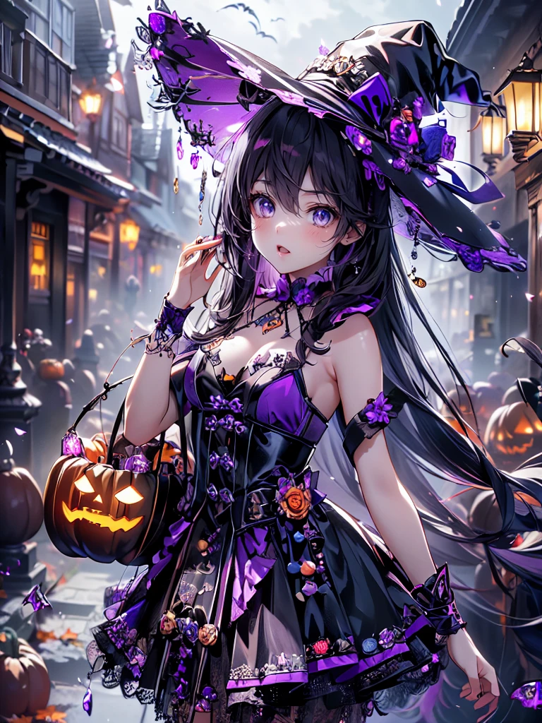 ((   Ultra HD  )), ((super detailed)), ((Best Quality)),  Young woman ,  Halloween , witch, witchの帽子, lanthanum,    trick or treat , 🎃, ((sweets, candy, cookie)), (((Complete Hand))),  Amazing Digital Paintings , ( anime Moe art style :1.3), Black Hair Long Straight ,Clear blue eyes