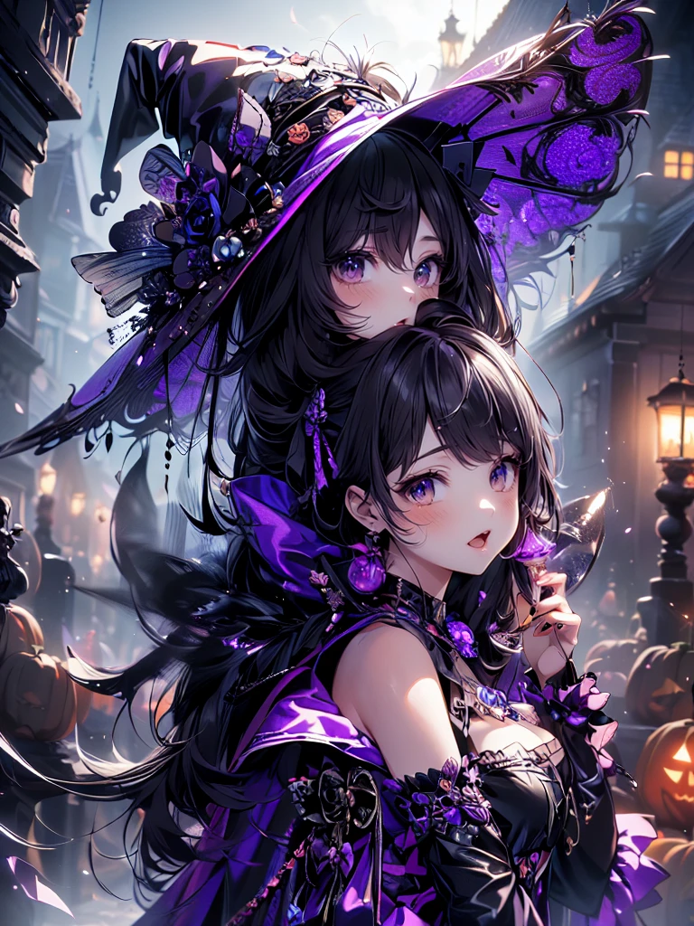 ((   Ultra HD  )), ((super detailed)), ((Best Quality)),  Young woman ,  Halloween , witch, witchの帽子, lanthanum,    trick or treat , 🎃, ((sweets, candy, cookie)), (((Complete Hand))),  Amazing Digital Paintings , ( anime Moe art style :1.3), Black Hair Long Straight ,Clear blue eyes