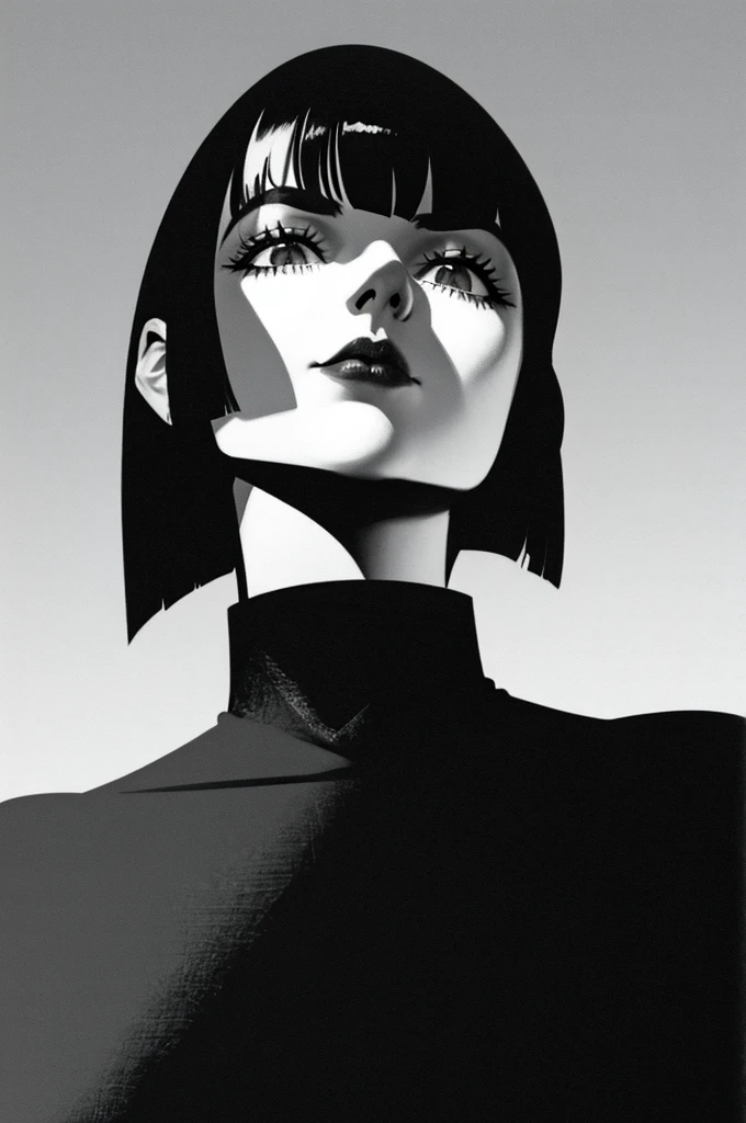 A realistic , highly detailed monochrome illustration of a young woman with a bob cut and blunt bangs, wearing a black turtleneck . The perspective is from below , capturing her as she looks up with a contemplative expression. The scene is in greyscale with only her lips in a deep rich red for contrast . The style is sketched in graphite with fine hatching , evoking a high-contrast chiaroscuro effect. The dramatic lighting creates a moody, introspective atmosphere, resembling a masterpiece-quality 8K image. The textures and shadows are meticulously rendered for a highly realistic , artistic touch, tomonorikogawa