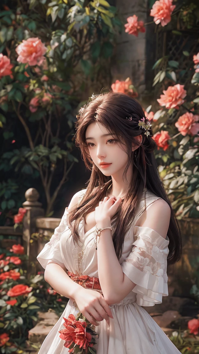 a woman in a white wedding dress, adorned with a silver bracelet, is adorned with flowers in her hair, adding a touch of concentration to her face. Her long, dark brown hair cascades over her shoulders. She stands in a garden, her hands resting on her face, adding depth to her composition. The background is blurred, suggesting a natural setting. To the left of the woman, a bouquet of pink roses, adds a pop of color to the scene.