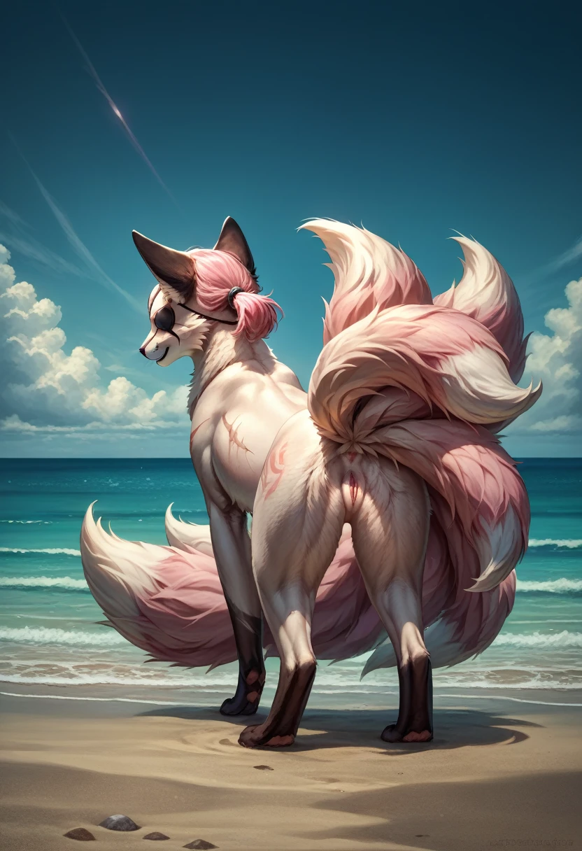 furry, female, feral, ((feral)), ((full body)), adult, fox,standing, seductive pose, feline pussy, black eye patch,  white body fur, pink hair,detailed body fur, detailed body, detailed face, detailed eyes, glistering body, shiny body, multiple tails, multi tail, solo, body fur, (best quality), clear sky, cinematic lighting, anime style, short ponytail, scar on the eye, 2D, back view, beach, clear sky,