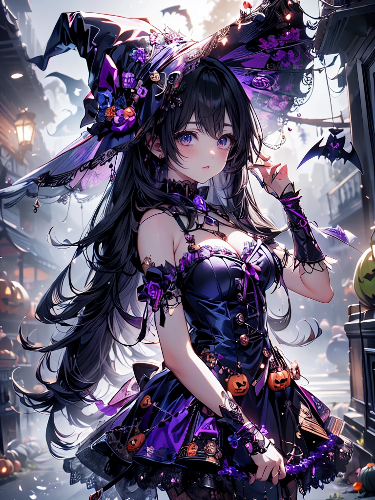 ((   Ultra HD  )), ((super detailed)), ((Best Quality)),  Young woman ,  Halloween , witch, witchの帽子, lanthanum,    trick or treat , 🎃, ((sweets, candy, cookie)), (((Complete Hand))),  Amazing Digital Paintings , ( anime Moe art style :1.3), Black Hair Long Straight ,Clear blue eyes