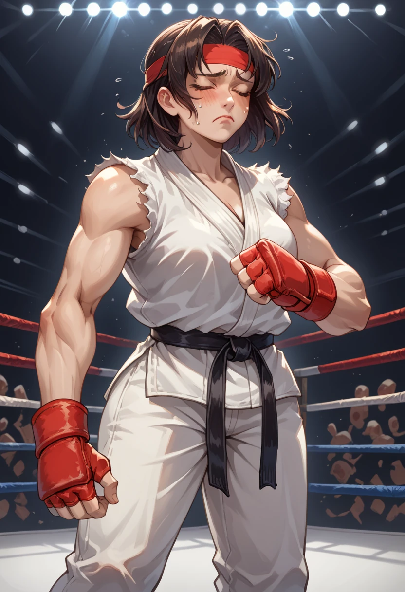 score_9, score_8_up, score_7_up, 1girl, solo, female focus, female body, Ryustr33tf1ght, black gair, (medium hair:1.5), brown eyes, red headband, white dougie, sleeveless, white pants, black belt, red gloves, fingerless gloves, standing, nervous, blushing, closed eyes, shaking, looking down, fighting ring, oversized clothes,