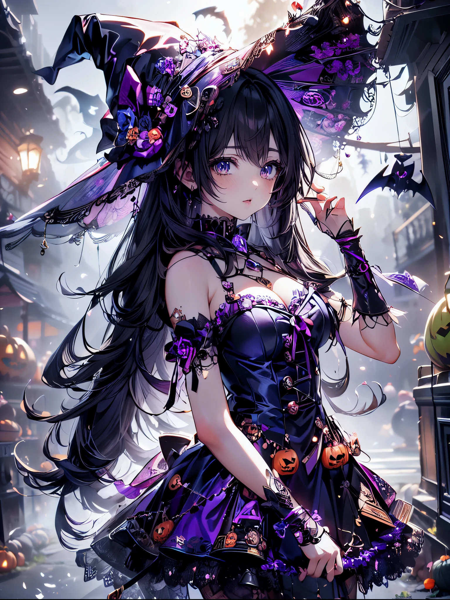 ((   Ultra HD  )), ((super detailed)), ((Best Quality)),  Young woman ,  Halloween , witch, witchの帽子, lanthanum,    trick or treat , 🎃, ((sweets, candy, cookie)), (((Complete Hand))),  Amazing Digital Paintings , ( anime Moe art style :1.3), Black Hair Long Straight ,Clear blue eyes