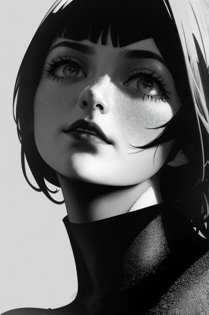 A realistic , highly detailed monochrome illustration of a young woman with a bob cut and blunt bangs, wearing a black turtleneck . The perspective is from below , capturing her as she looks up with a contemplative expression. The scene is in greyscale with only her lips in a deep rich red for contrast . The style is sketched in graphite with fine hatching , evoking a high-contrast chiaroscuro effect. The dramatic lighting creates a moody, introspective atmosphere, resembling a masterpiece-quality 8K image. The textures and shadows are meticulously rendered for a highly realistic , artistic touch, tomonorikogawa