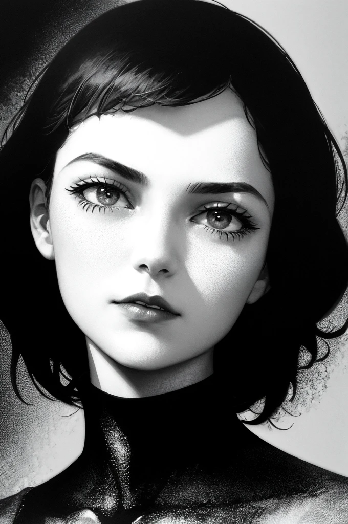 A realistic , highly detailed monochrome illustration of a young woman with a bob cut and blunt bangs, wearing a black turtleneck . The perspective is from below , capturing her as she looks up with a contemplative expression. The scene is in greyscale with only her lips in a deep rich red for contrast . The style is sketched in graphite with fine hatching , evoking a high-contrast chiaroscuro effect. The dramatic lighting creates a moody, introspective atmosphere, resembling a masterpiece-quality 8K image. The textures and shadows are meticulously rendered for a highly realistic , artistic touch, tomonorikogawa