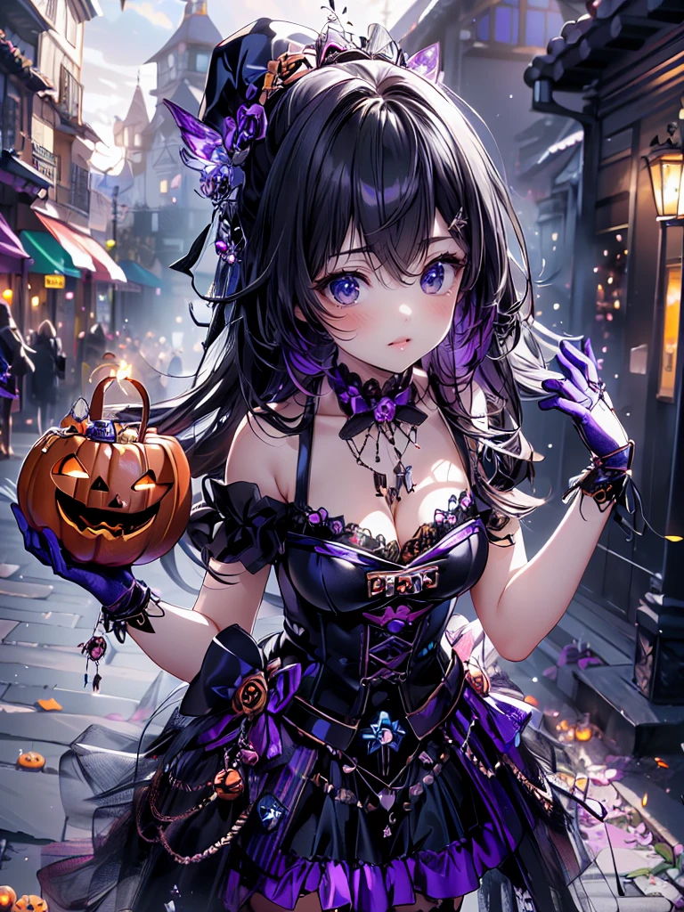 ((   Ultra HD  )), ((super detailed)), ((Best Quality)),  Young woman ,  Halloween , witch, witchの帽子, lanthanum,    trick or treat , 🎃, ((sweets, candy, cookie)), (((Complete Hand))),  Amazing Digital Paintings , ( anime Moe art style :1.3), Black Hair Long Straight ,Clear blue eyes