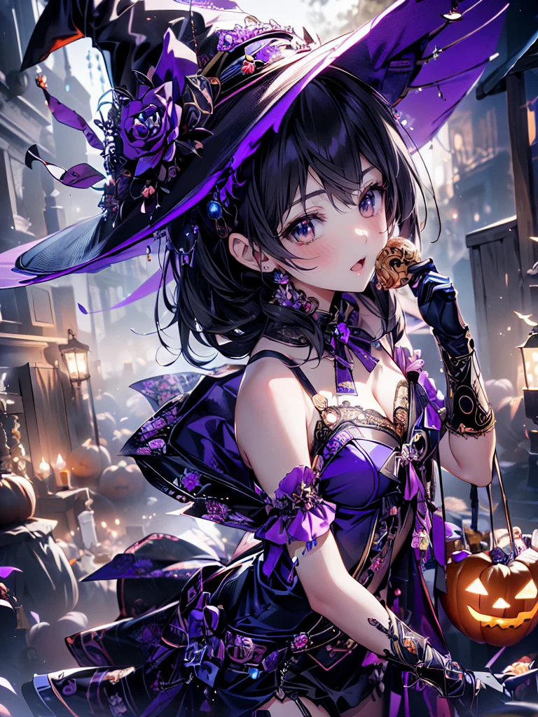 ((   Ultra HD  )), ((super detailed)), ((Best Quality)),  Young woman ,  Halloween , witch, witchの帽子, lanthanum,    trick or treat , 🎃, ((sweets, candy, cookie)), (((Complete Hand))),  Amazing Digital Paintings , ( anime Moe art style :1.3), Black Hair Long Straight ,Clear blue eyes