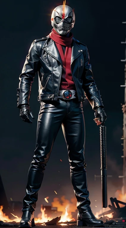 ((kamen rider, shinkr, ghostrider, wearing leather jacket, leather pants)), (standing), (turn around), full body detailed, detailed hands, good fingers, good hands, good legs, red scarf, low hood, ((epic burning city)), ruins, floating, explosion, debris, some fire and glitter background, ultra hd, ultra realistic texture, (flare lens:1.2), (long shot:0.9)