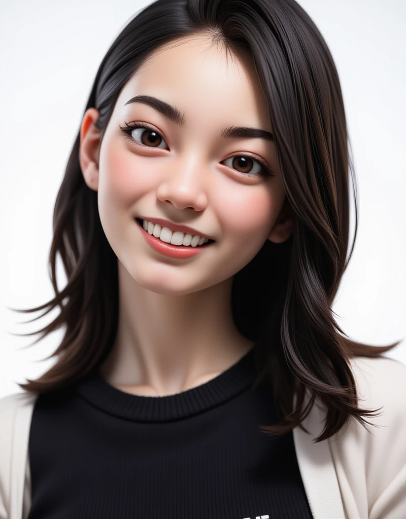 (((Black clothes))), 1girl, 25years old woman, (perfectly detailed face), cute face, ((Healthy and slim body)), beautiful face, ((looking at viewer)), Simple Background, ((white background)), ((white wallpaper)), White skin, (bright lighting:1.2), perfect lighting, photorealistic, (bokeh), UHD, anatomically correct, masterpiece, best quality, (((Focus on faces)))
