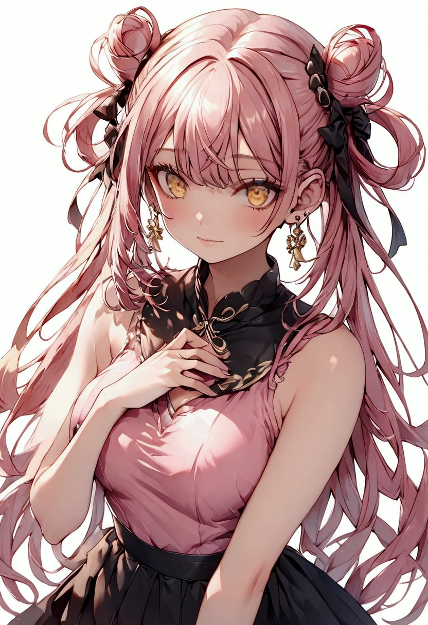 Pink hair, upper space buns with ribbons accessories, has a bangs, tied bangs to the right of her face, blue earings, yellow eyes, pink chinese sleeveless dress, slit skirt, B cup chest